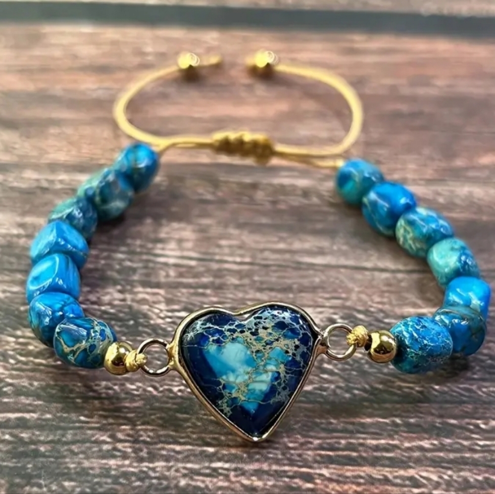 Blue Heart Stone Bracelet with Gold Accents
